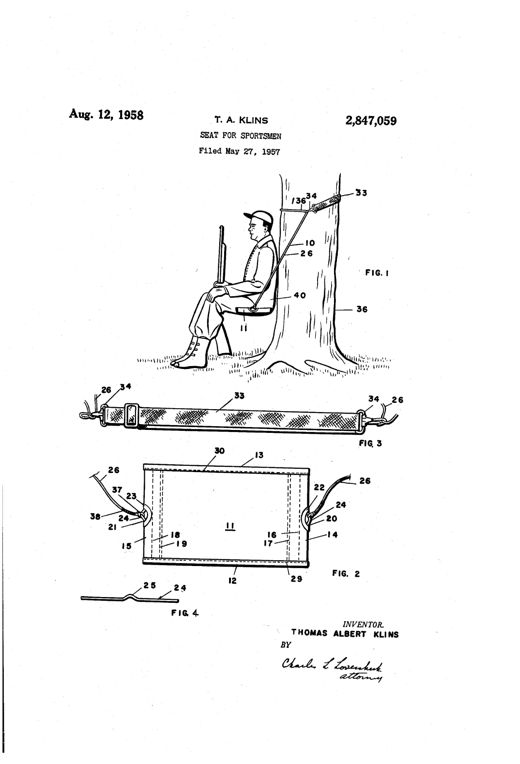 A line drawing shows a seated hunter with a rifle across his lap, resting against a tree trunk on a canvas seat held in place by cords and a sling looped around the tree, with additional detail views of the seat panel, sling strap, and bent support rod below.