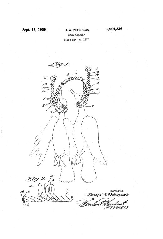 Line drawing of a twisted rope game carrier with two loop-and-knot friction sleeves near the top forming a carrying handle, and two lower loop snares gripping the necks of two dangling game birds shown in dashed outline; a smaller inset figure shows the rope strands being twisted to form the friction sleeve.