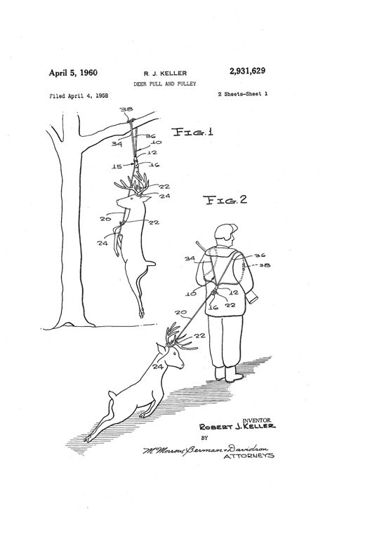 Patent drawing showing a deer suspended from a tree branch by a rope-and-pulley device on one sheet, and a hunter dragging a deer using the same device worn over his shoulders on another, with detailed close-up views of the pulley housing, sleeve, and looped rope ends.